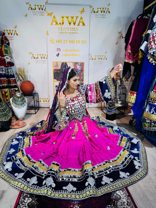 Afghan Luxury Traditional Dress – Fuchsia & Navy Blue