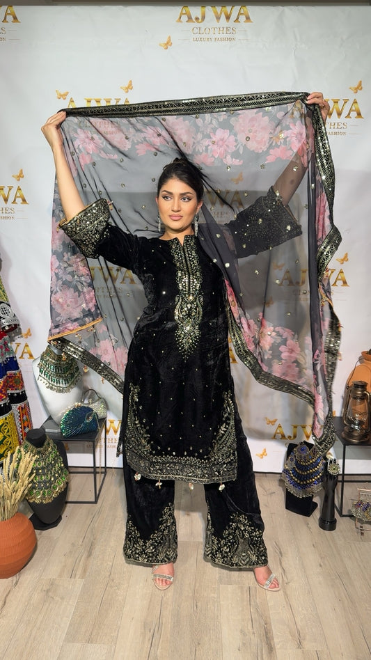 Luxury Black Velvet Embroidered Ensemble