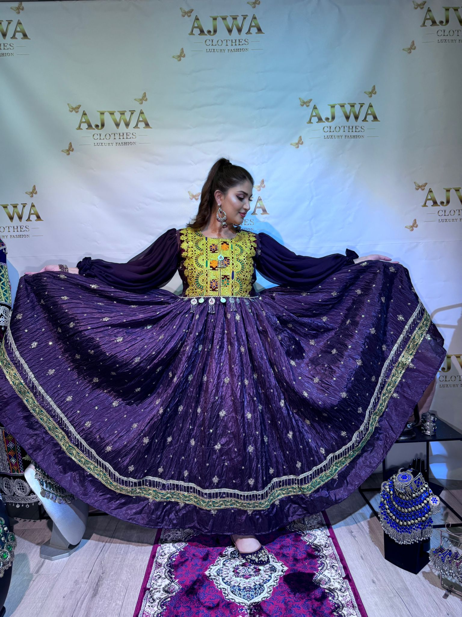 Traditional Afghan Dress Royal Purple & Gold Embroidery ajwaclothes Traditional Afghan Dress Royal Purple & Gold Embroidery ajwaclothes