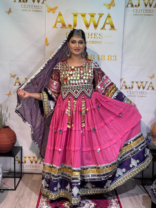 Afghan Luxury Traditional Dress – Fuchsia & Navy Blue