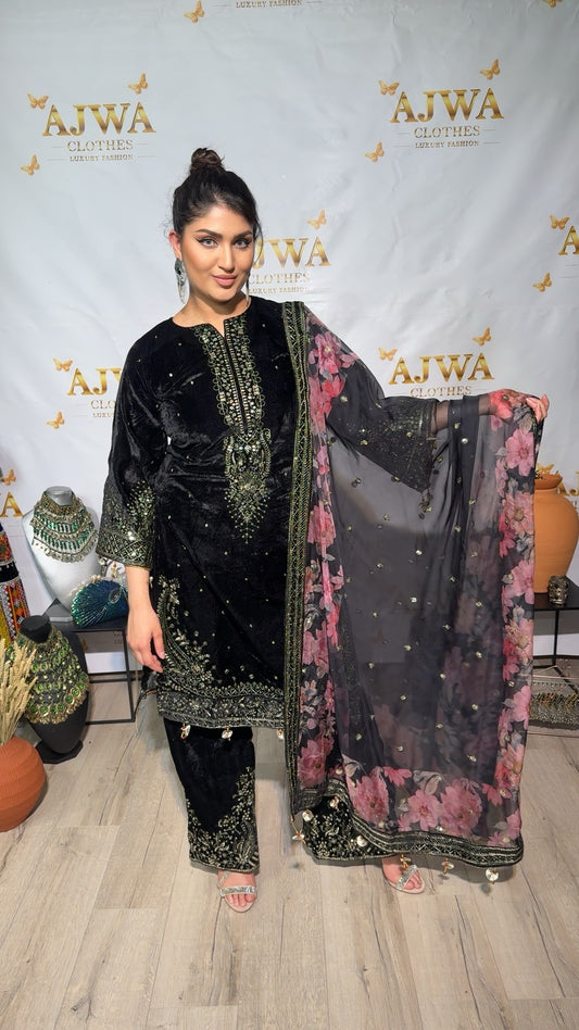 Luxury Black Velvet Embroidered Ensemble